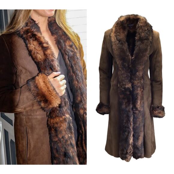 Ralph Lauren Collection Purple Label Shearling Fur Long Coat Brown Leather Suede - Picture 1 of 13